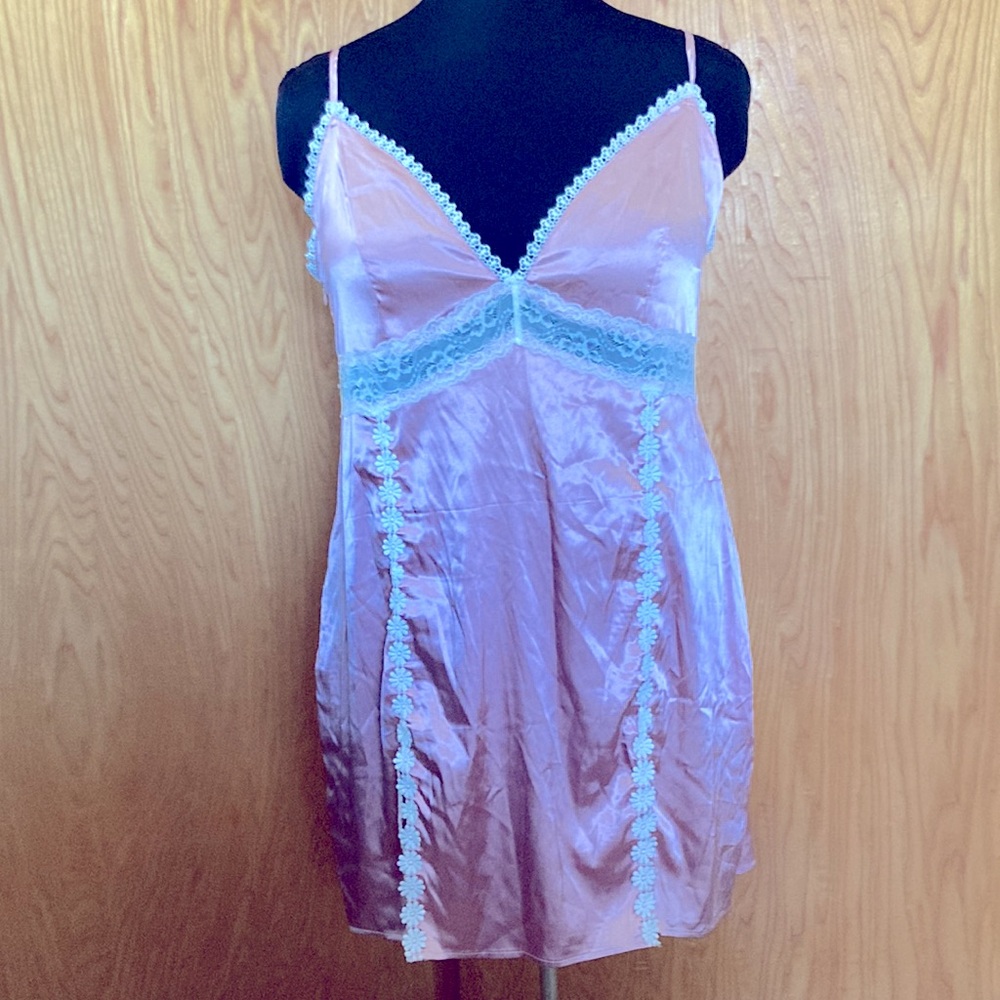 Dusty pink satin slip dress nightie with lace trim and side zip 4XL